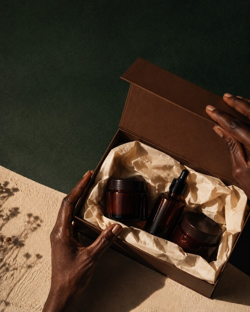 Hands opening a curated discovery kit with amber skincare bottles