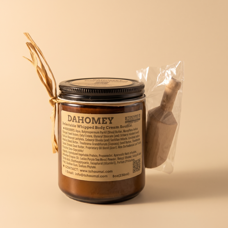 Dahomey whipped body cream by Maison Tchoumzi on a warm cream background