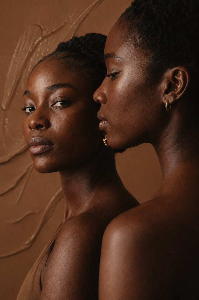 Two women with glowing skin in an editorial beauty portrait